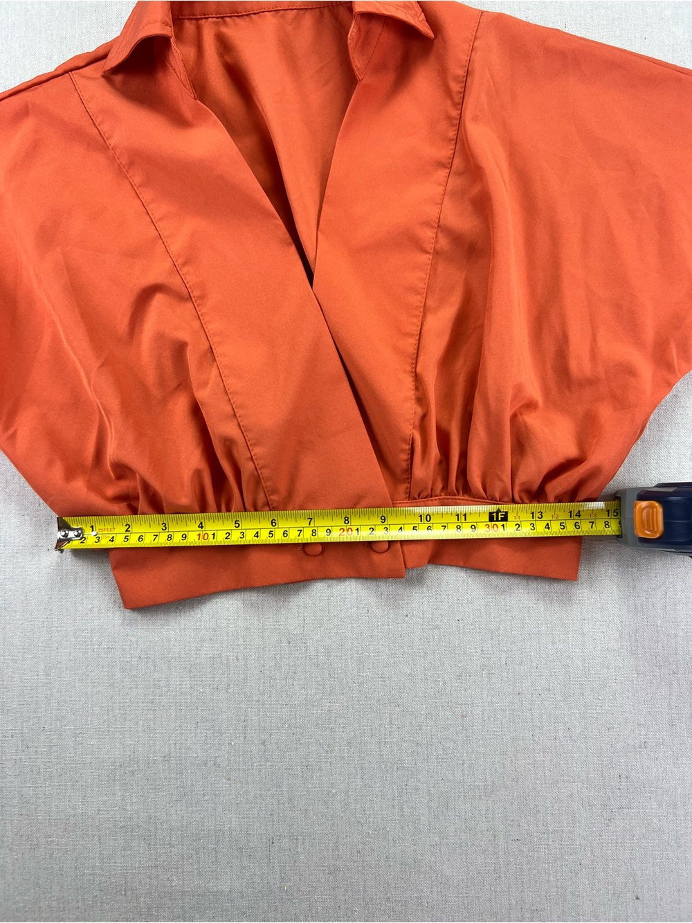 Women's Orange Cropped Collared Short Sleeve Pleated Indie Boho Flirty V-Neck M - Picture 6 of 6